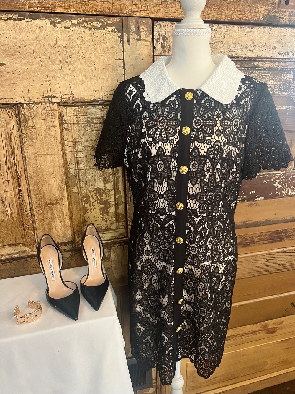 VICI Black Lace Dress | White Collar Gold Button Mini Dress Size L | NWOT